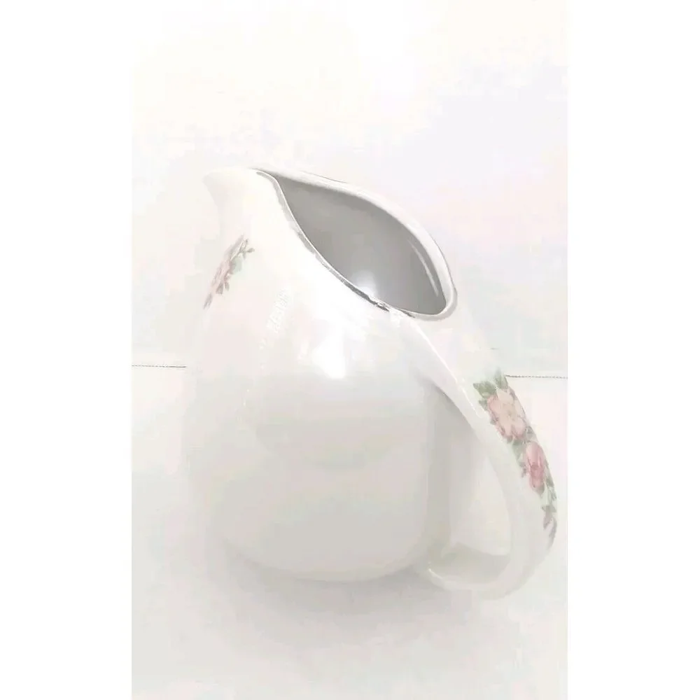 Floral Creamer Pitcher‎ White Porcelain Rose Accent Silver Trim Decor